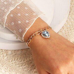 3/$35 Blue Heart Cubic Zirconia Gold Chain Pendant Charm Bracelet Diamond